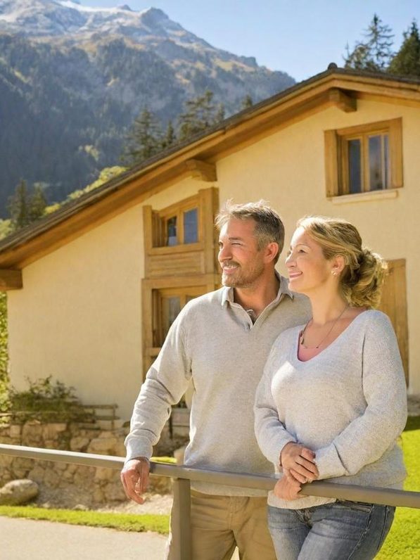 Avis de valeur ou expertise immobilière Couple devant une maison en Haute-Savoie projet immobilier