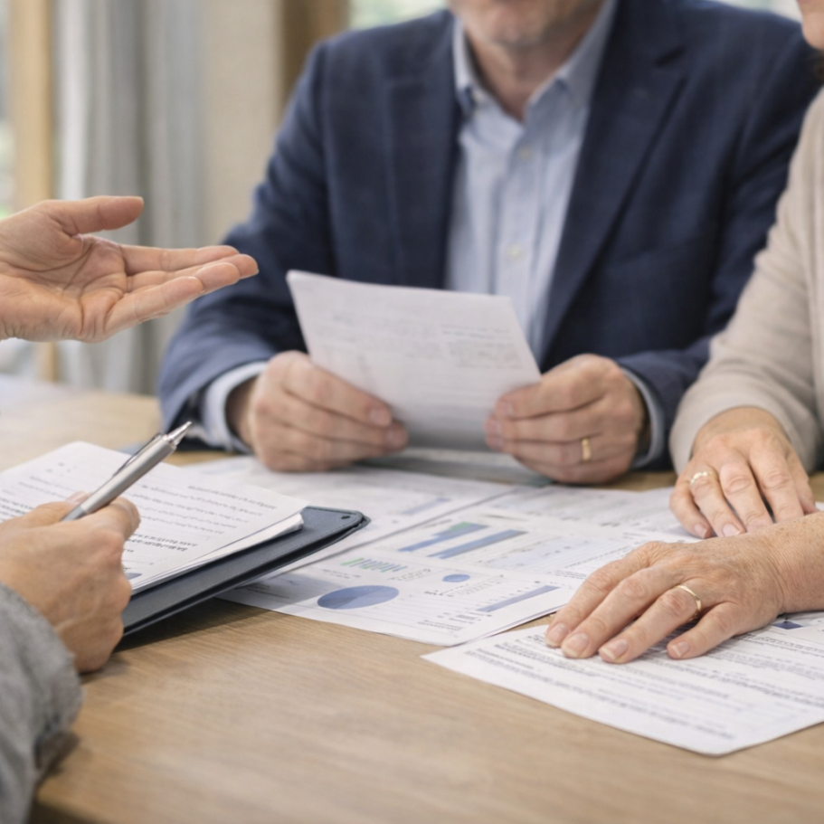 Approche personnalisée en expertise immobilière Expert immobilier échangeant avec des clients autour d’un dossier